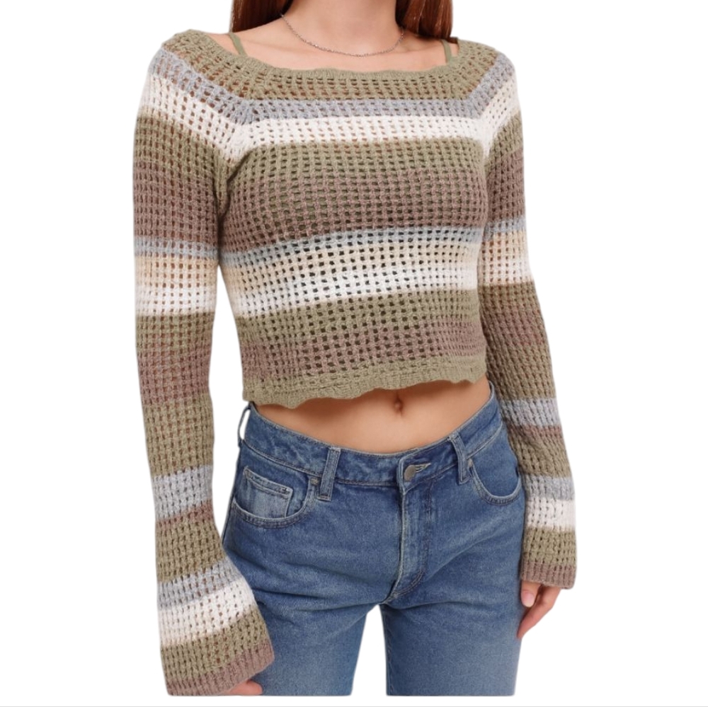 NEW Green Crochet Cream Cotton Stripe Gray Crop Sweater Brown Large